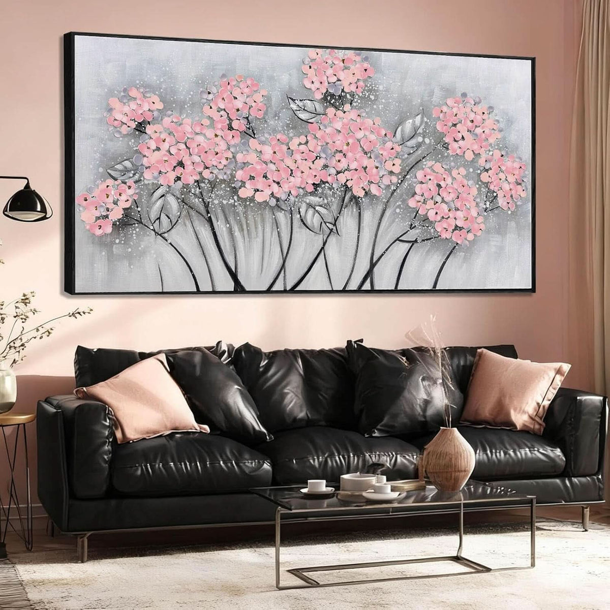 Floral Wall Art 32x70 Hand-Painted Pink Canvas for Living Room – main view