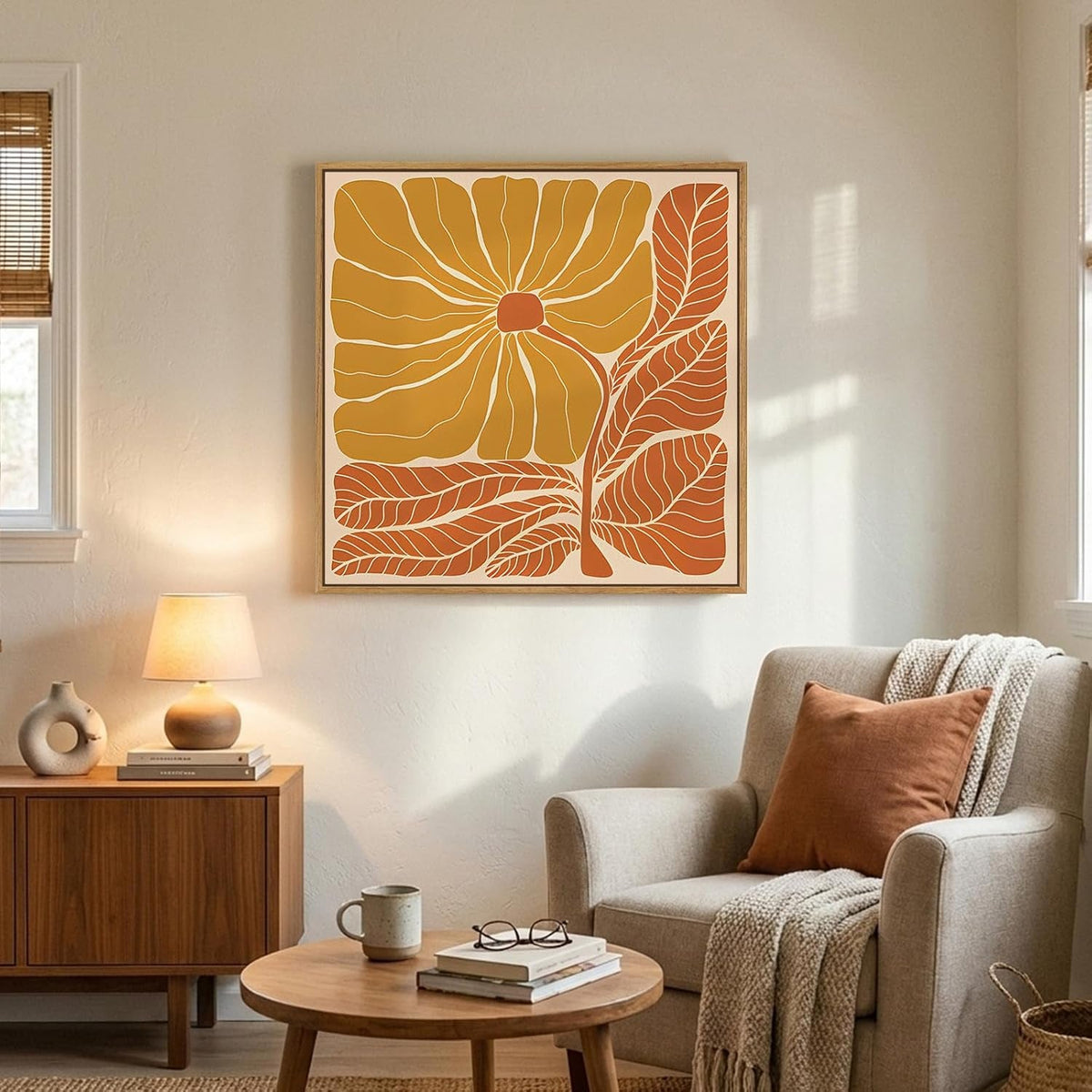 Vibrant Boho Floral Wall Art 24x24 Framed Orange for Living Room – image 3