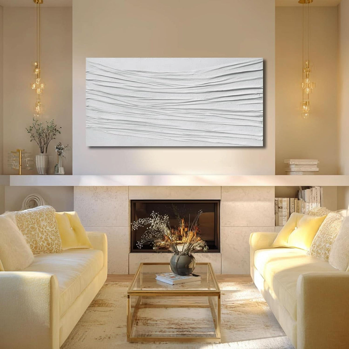 Textured Abstract Wall Art 24x48 Hand-Painted White Canvas – image 4