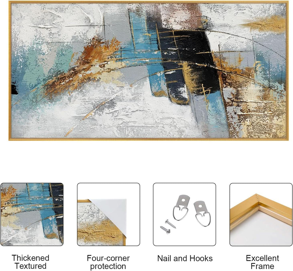 Textured Abstract Wall Art 60x30 Hand-Painted Framed Blue – image 6
