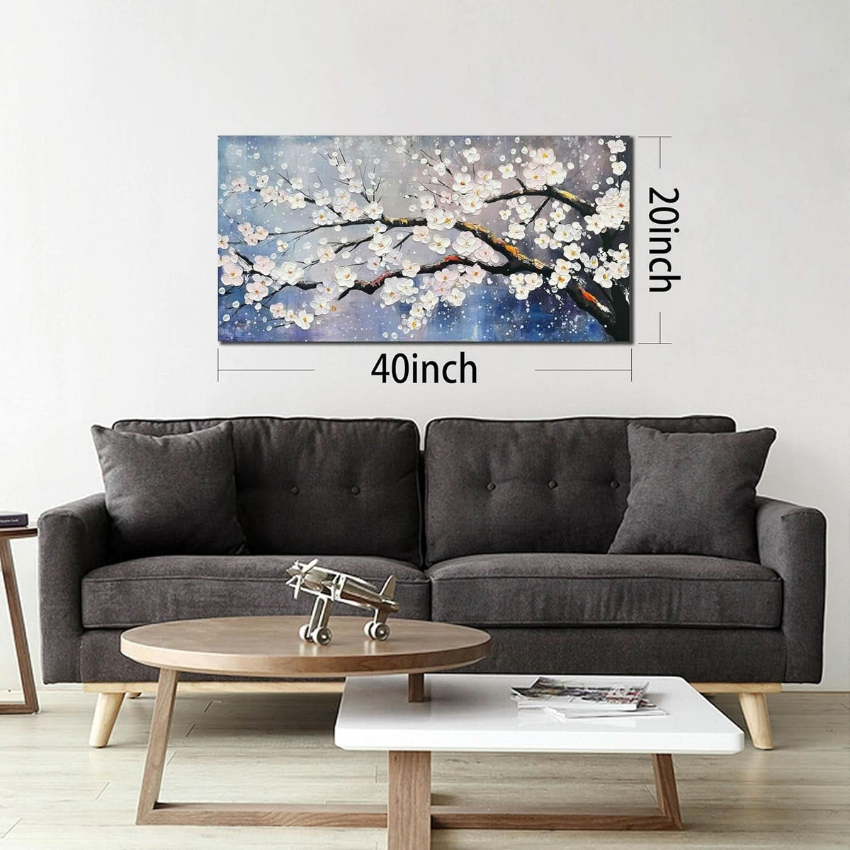 Plum Blossom Twent Floral Wall Art 40x20 Hand-Painted White Blue – image 6