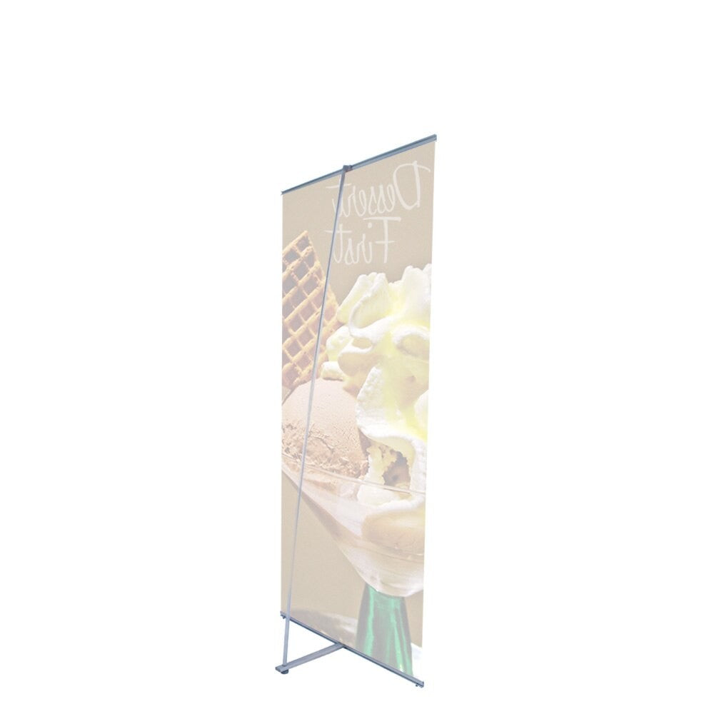 L-banner stand side view showing base