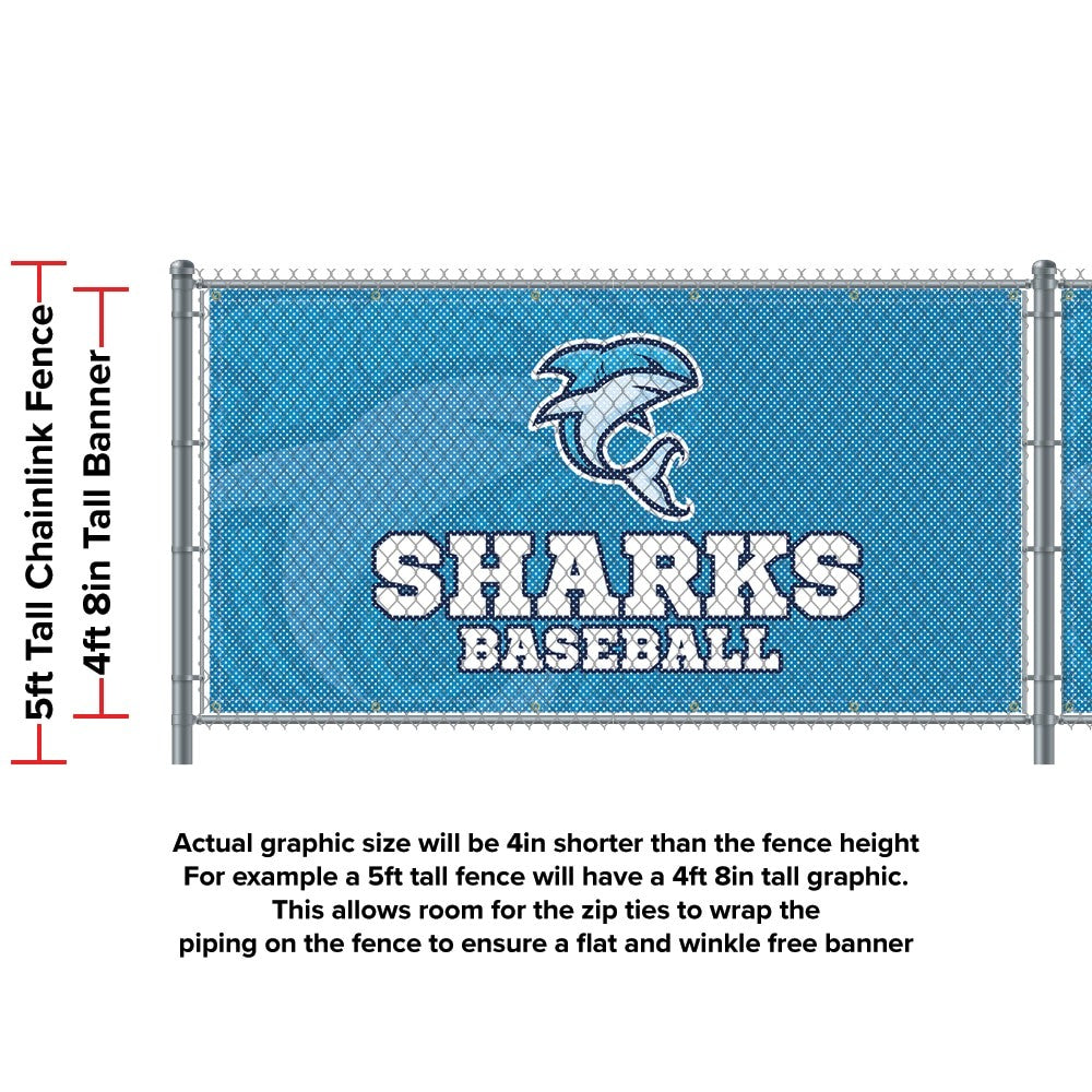 Custom mesh fence banner on chain-link fence with banner height diagram