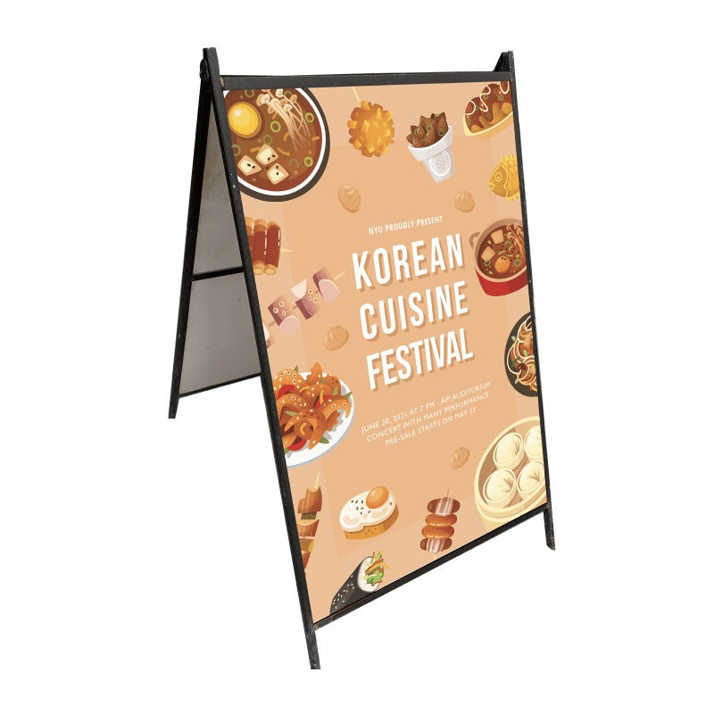 Metal A-frame sign stand shown with a printed insert (inserts sold separately)