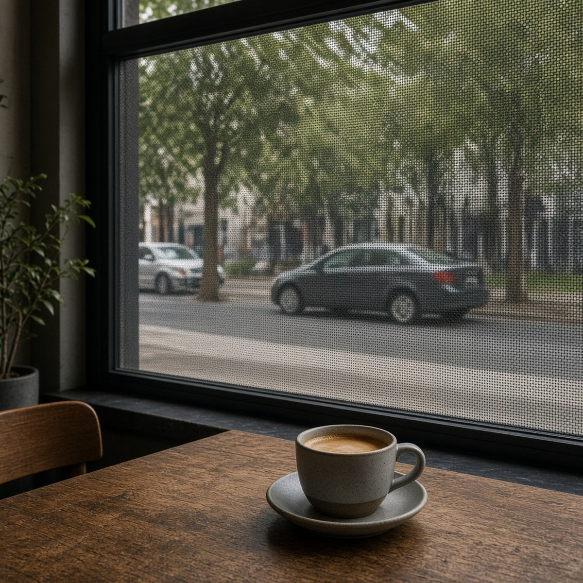 Inside view looking out through one-way perforated window vinyl with a clear view of the street