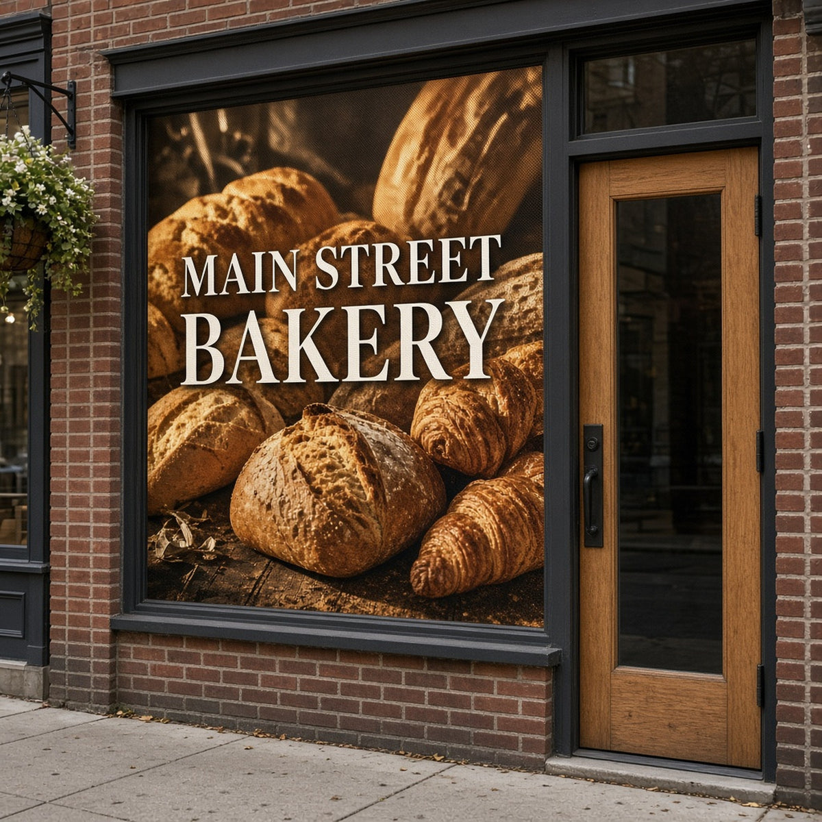 Full-color one-way perforated window graphic covering a bakery storefront window, seen from outside