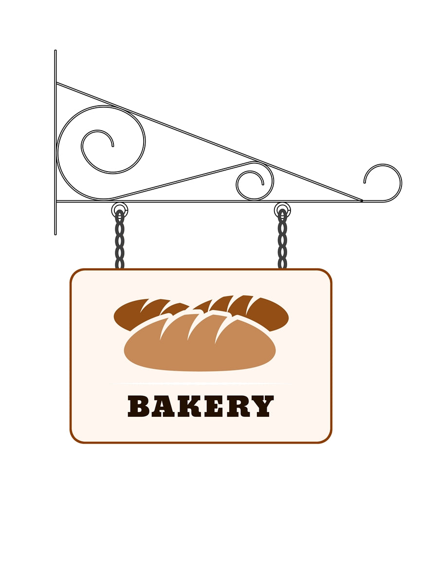 Scroll bracket hanging sign example with bakery sign