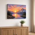 Custom stretched canvas print of a mountain lake sunset hanging above a wooden sideboard